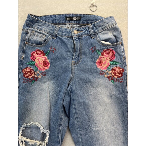 Boohoo Rose Flower Embroidered Light Wash Jeans Ripped High Waisted Size 4 - Picture 2 of 12